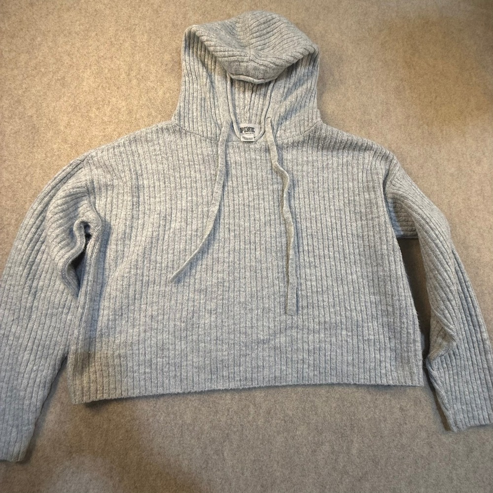Pink Victoria's Secret Ribbed Knit Hoodie Gray Pullover Sweater Womens XS‎